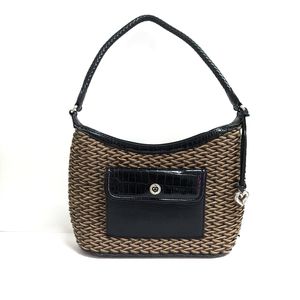 Brighton Woven Shoulder Bag Purse Black Leather Tan Straw